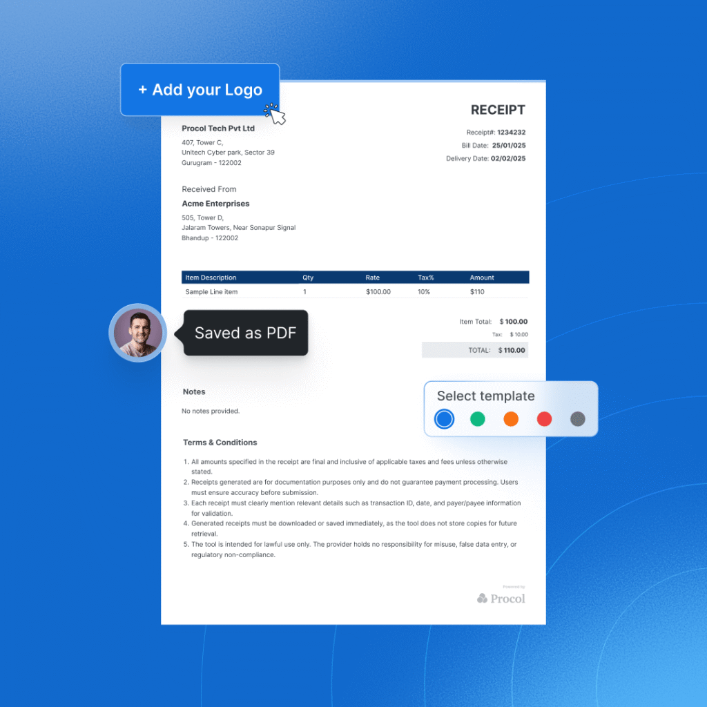 How to create a receipt using Procol's free online receipt generator