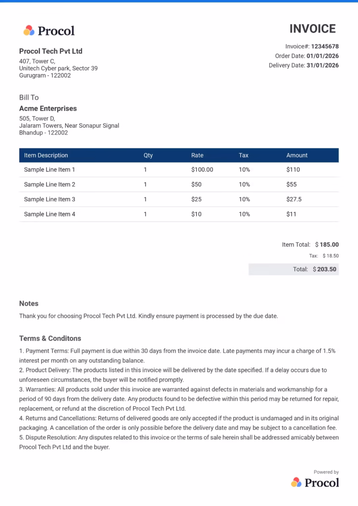Blue invoice template for Procol's free invoice generator