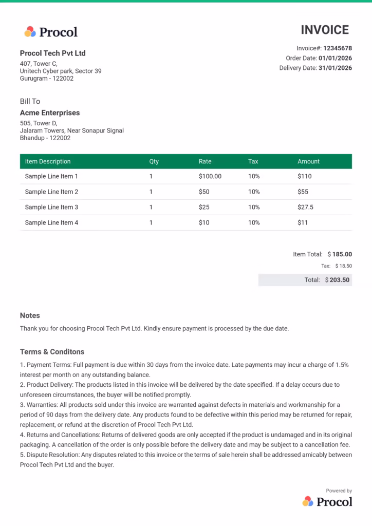 Green invoice template for Procol's free invoice generator