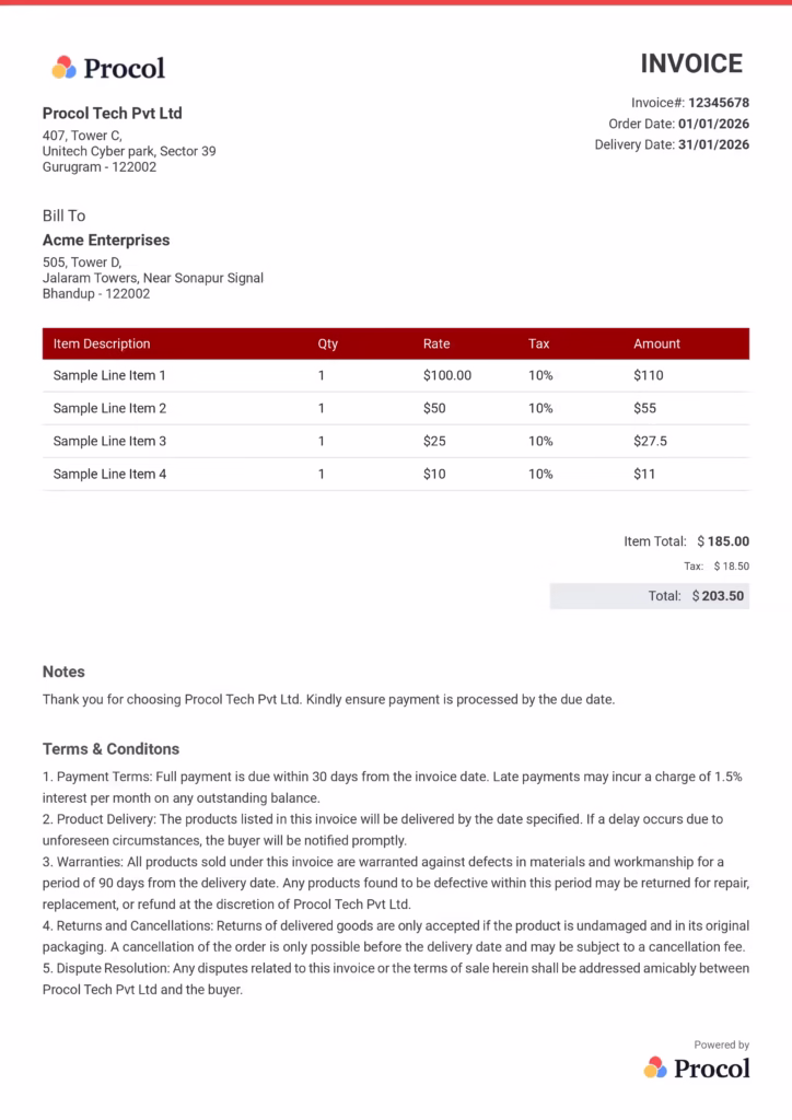 Red invoice template for Procol's free invoice generator